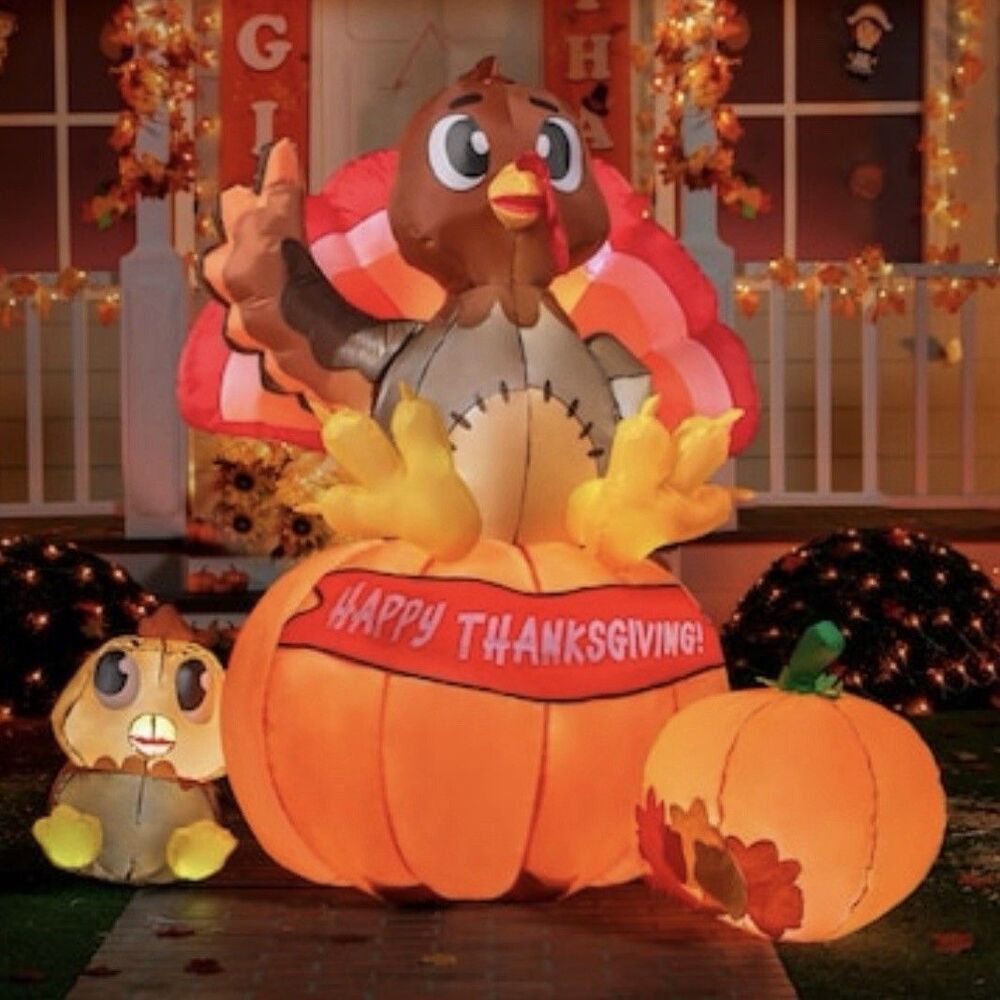 6 FT Thanksgiving Inflatable Turkey with Pumpkin, Blow up Lighted LED